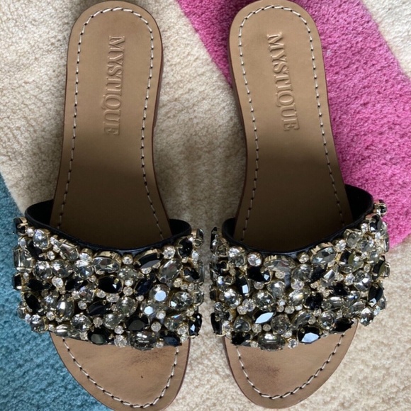 Mystique Cannon Cambodia Black Clear Crystal Jeweled Leather Slide Sandals sz 5 - Picture 2 of 5